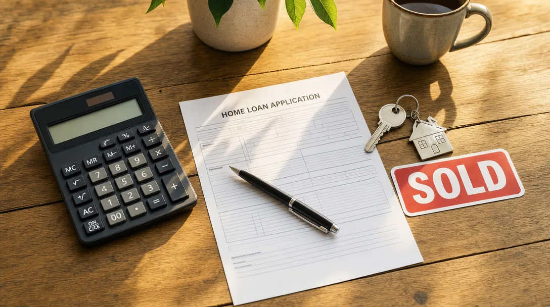 House keys, calculator, and home loan documents on a sunlit wooden table representing down payment preparation