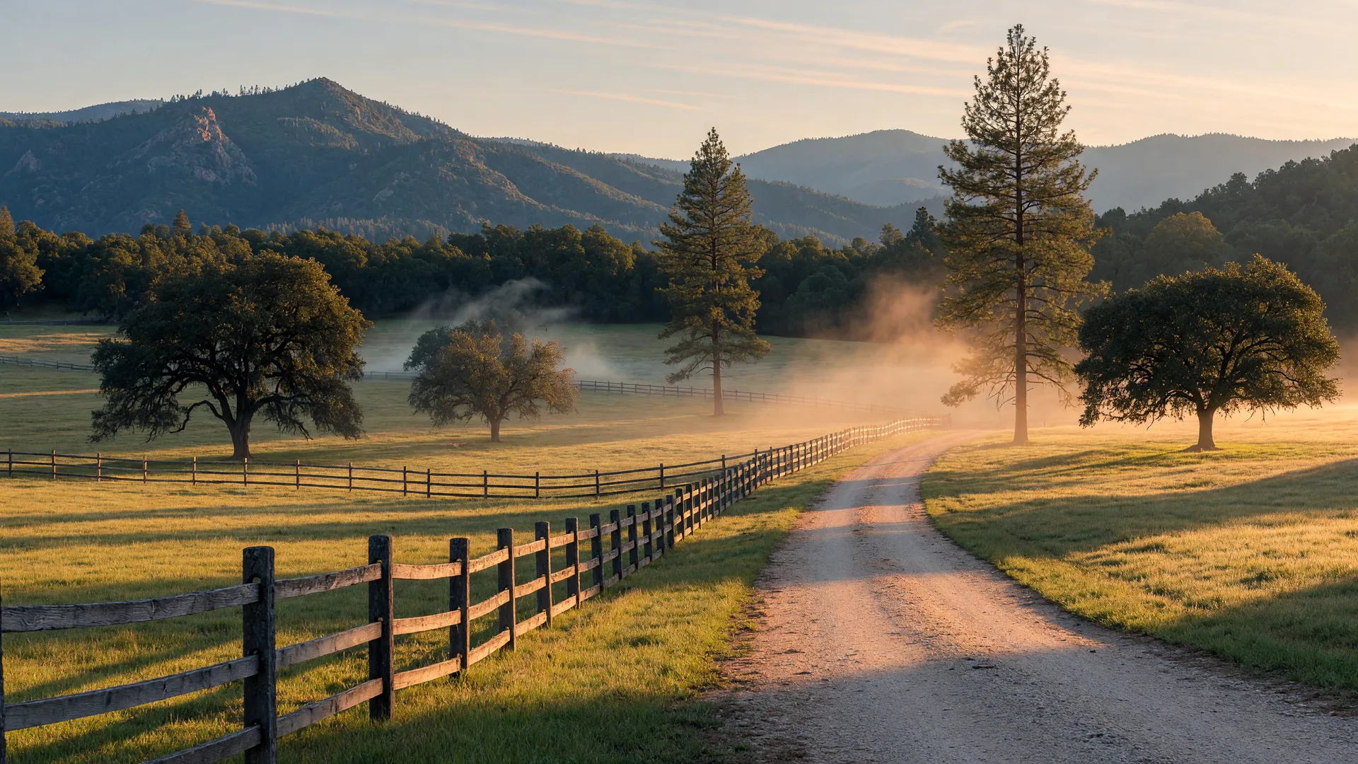A sunlit Sierra foothill meadow with oaks, pines, and lifting valley fog at morning