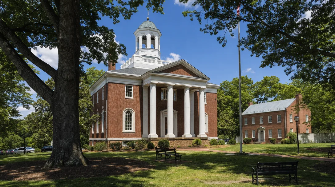 Historic Chesterfield County Courthouse — a 1917 Colonial Revival red brick building with Doric columns and octagonal belfry, set on the Courthouse Green in Chesterfield, Virginia