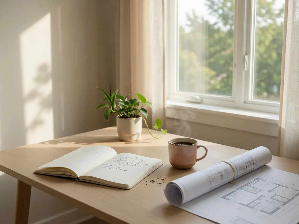 A bright home-office desk with a notebook, coffee, and a rolled floor plan beside a sunny window