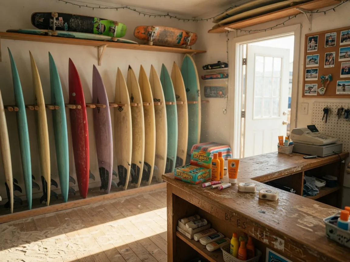The inside of a neighborhood surf and skate shop with wooden racks of surfboards, shelves of skateboards and wax, and warm daylight through the front door