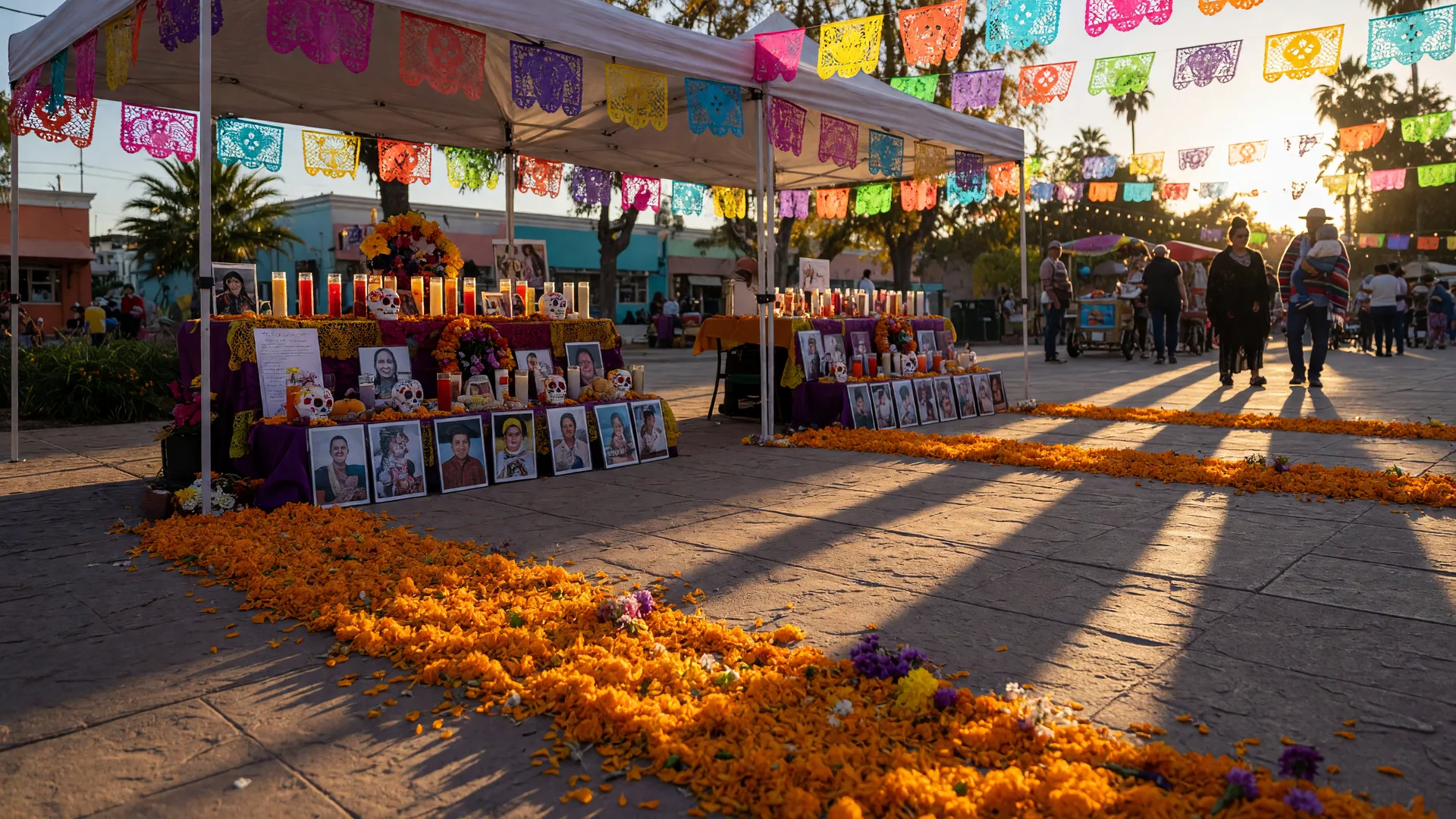 A public plaza during a Day of the Dead community festival, with marigold petals along the walkway, colorful papel picado banners overhead, and candlelit community altars under a canopy in warm golden light
