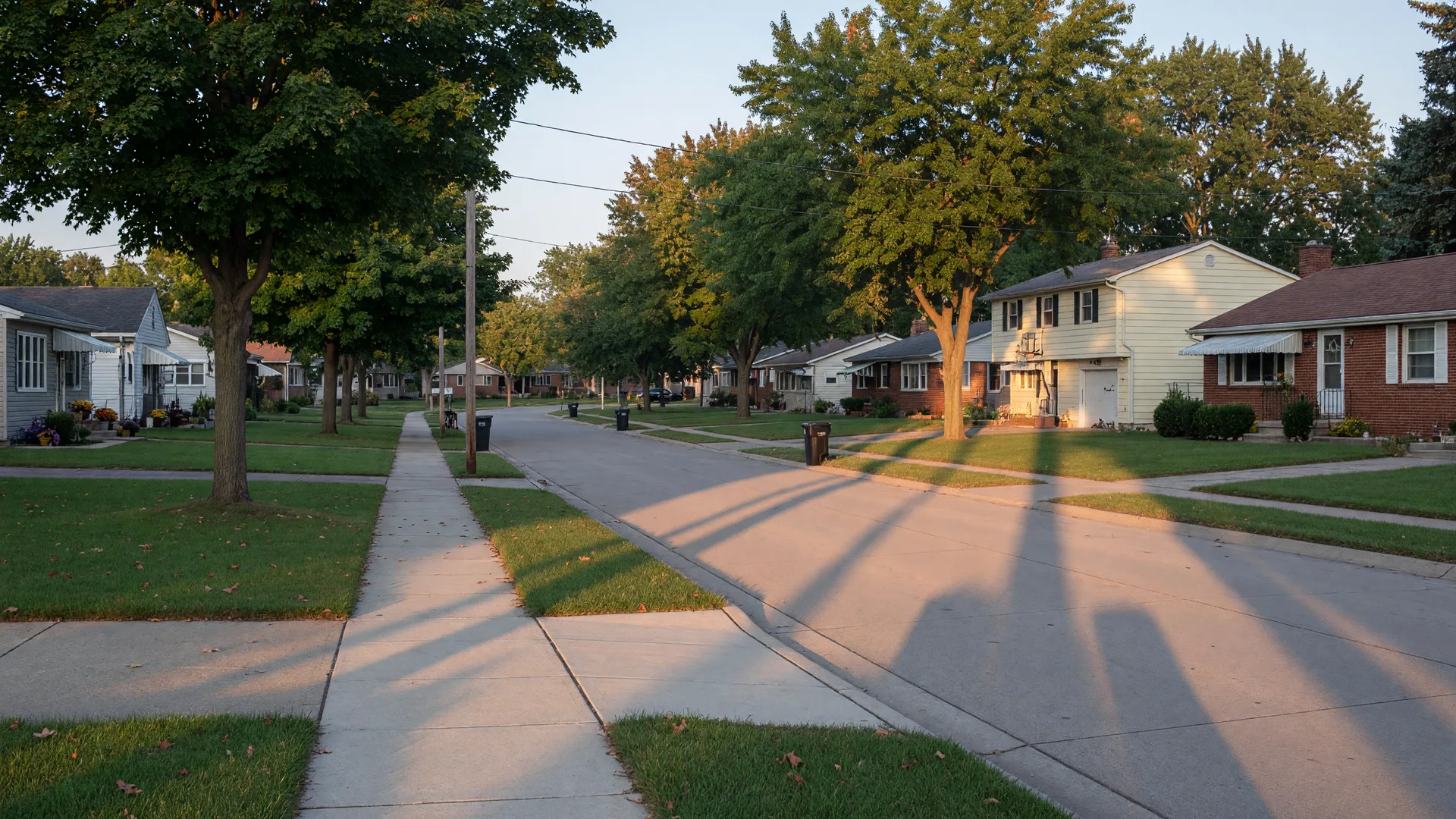Golden morning light across a quiet suburban street