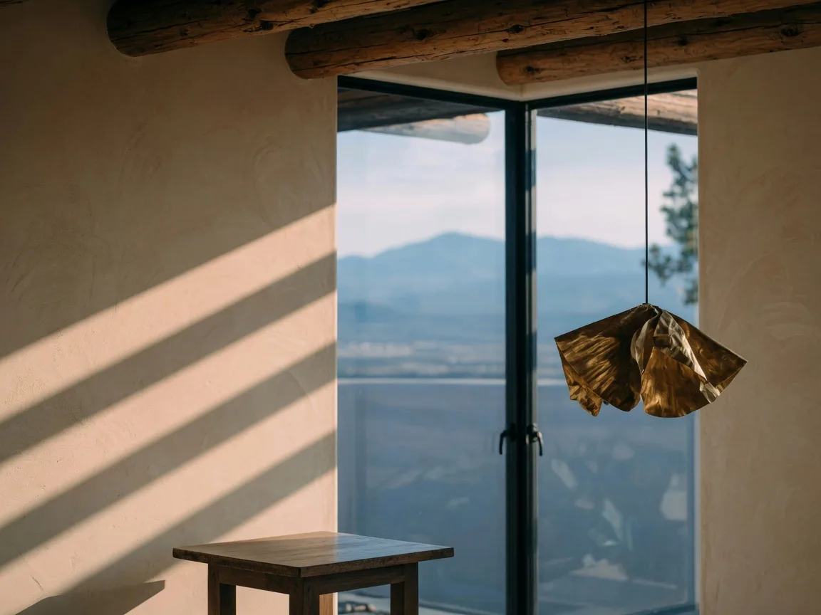 A quiet corner of a New Mexico home: plaster walls, viga beams, and a tall window framing a mountain view