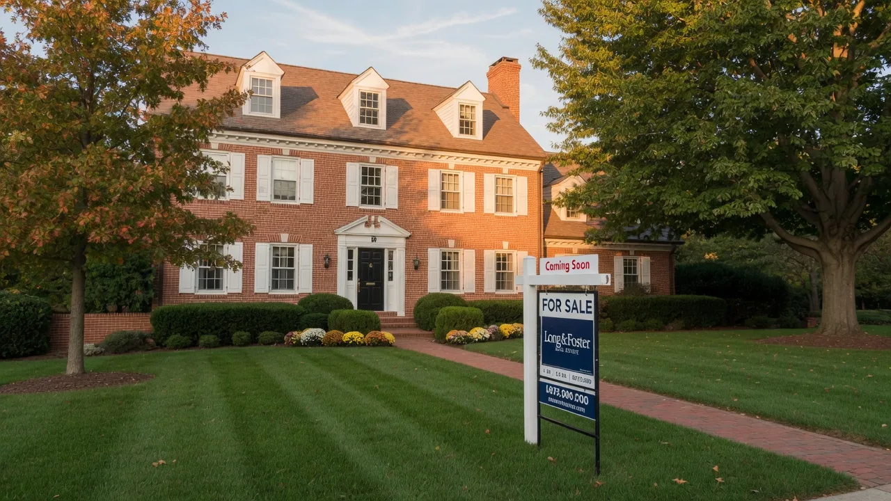 A stately brick colonial home in Maryland with a For Sale sign on the front lawn, representing a probate property subject to Maryland's disclosure requirements