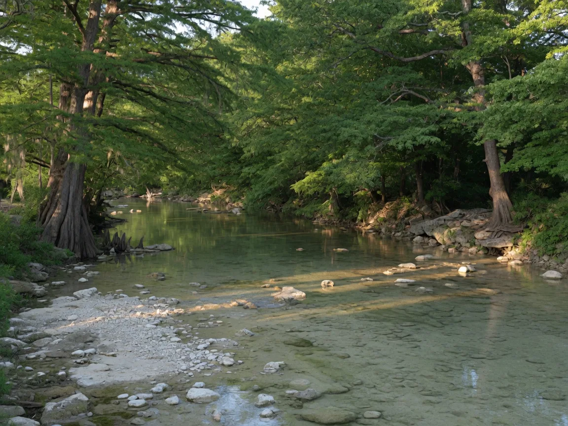 Guadalupe River near Ingram Texas with clear spring-fed water flowing over limestone riverbed, shaded by cypress and live oak trees