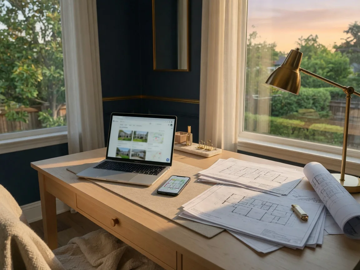 Bright home office with a laptop and floor plan documents at golden hour, representing AI-assisted home buying research