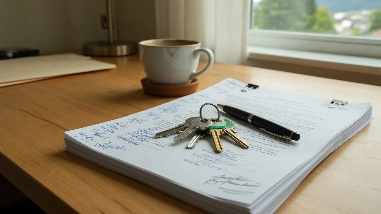 Signed real estate contract and house keys on a warm wooden desk in a bright home office