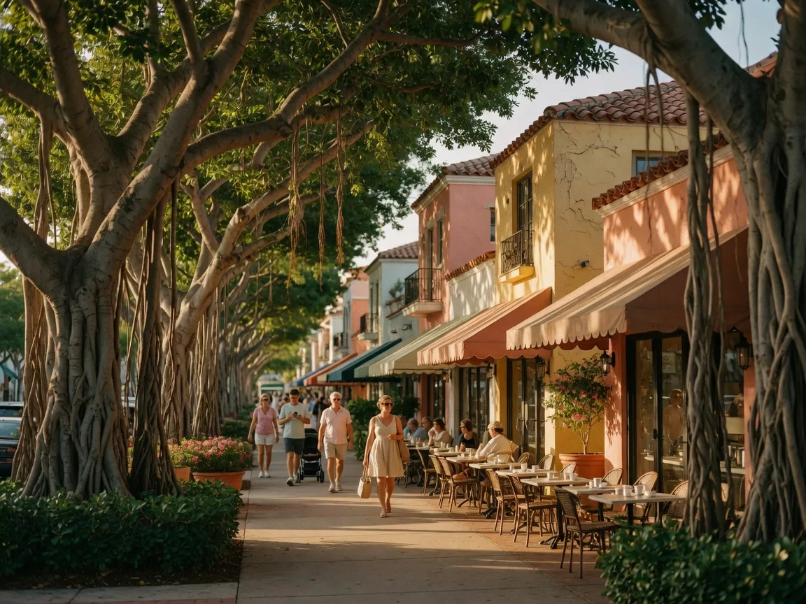 South Miami's downtown avenue canopied by banyan trees with Mediterranean storefronts and cafe patios at late afternoon