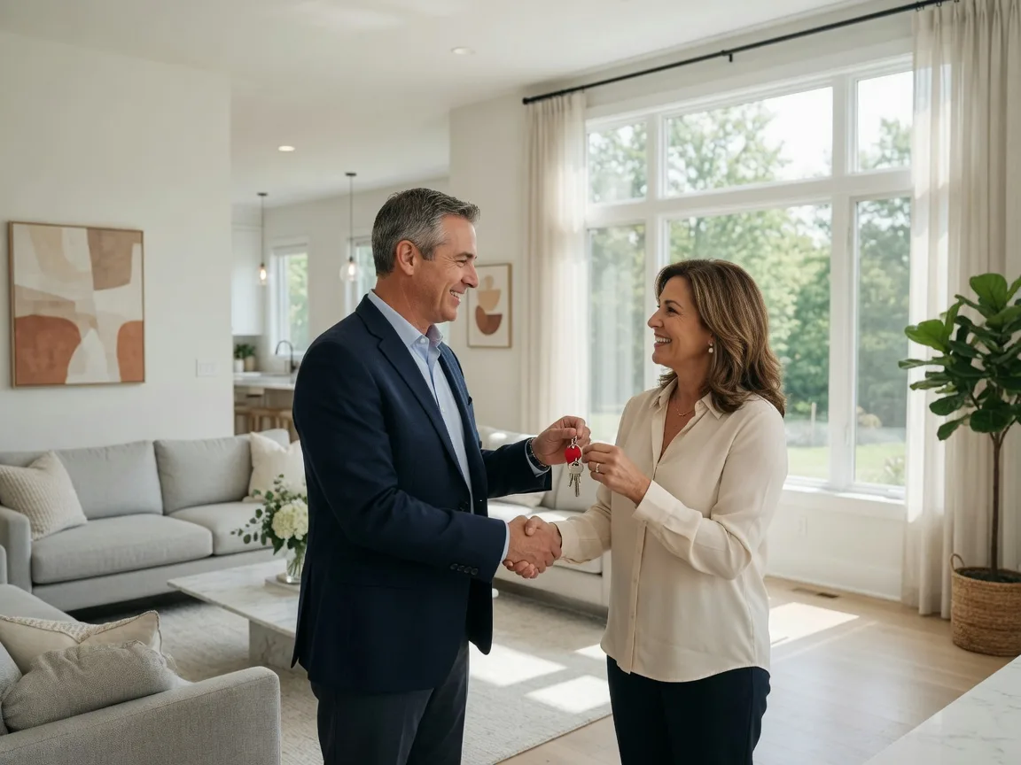 Real estate agent and seller shaking hands after reaching a commission agreement for selling a Florida home