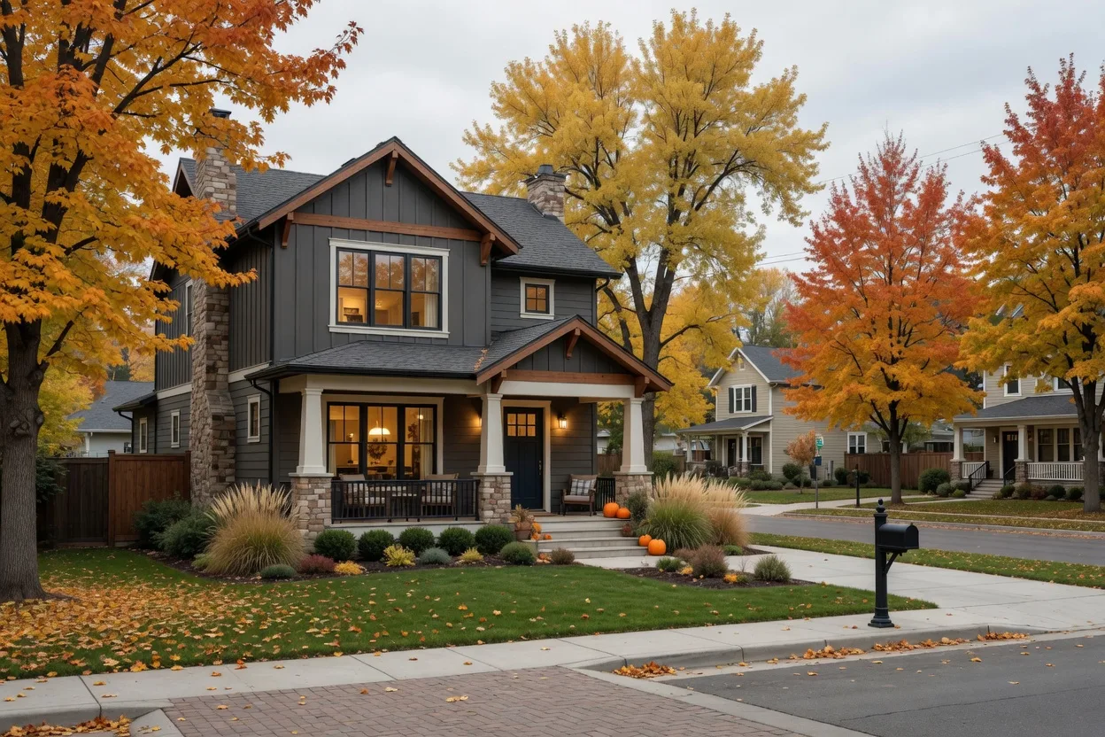 Upscale craftsman-style home on a Boise neighborhood street with autumn trees and warm glowing windows