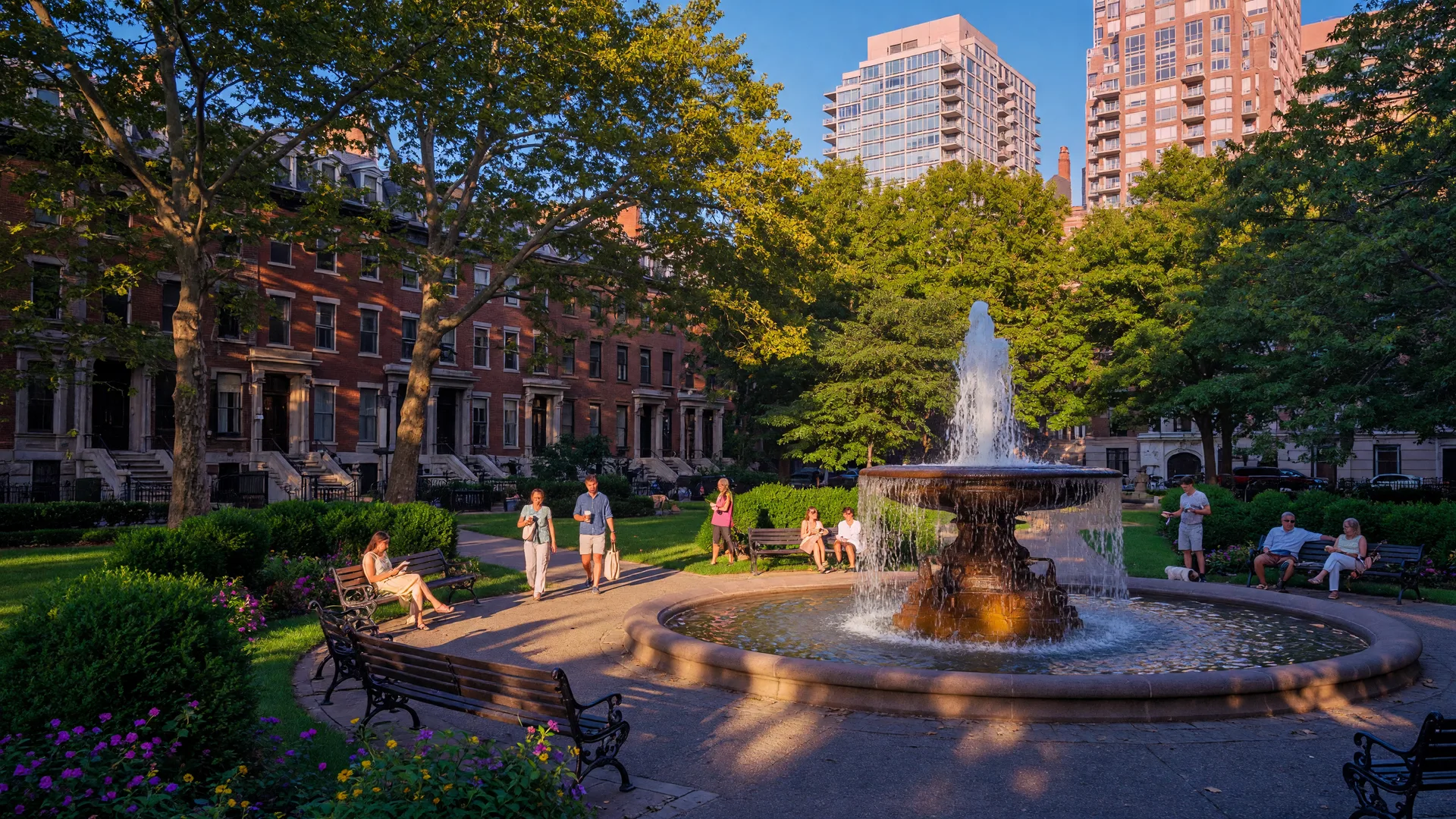 Rittenhouse Square park in Center City Philadelphia with fountain and historic high-rises