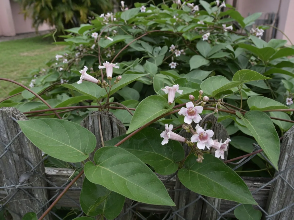 Skunk vine with opposite oval leaves and small pinkish-white flowers twining over a fence