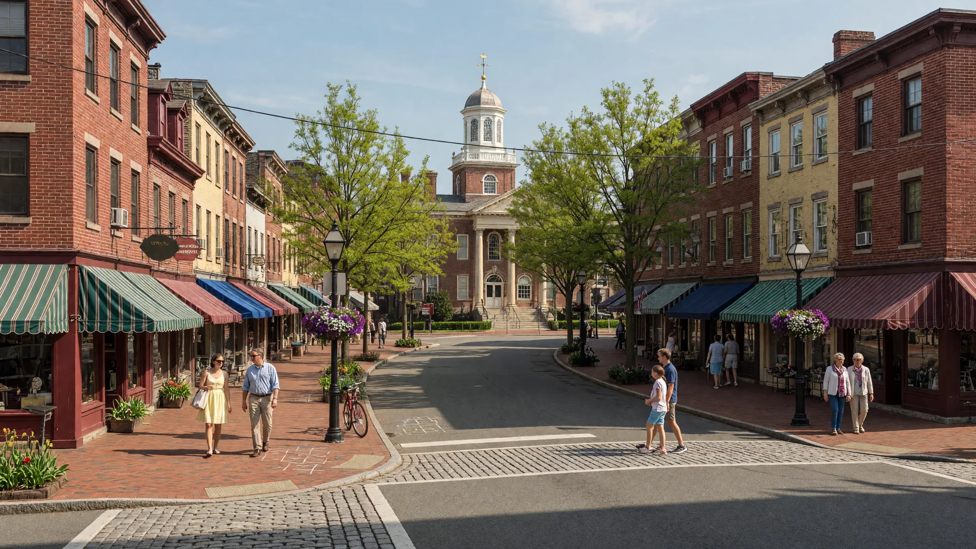Mount Holly NJ historic Main Street with 1700s-era brick storefronts, the Burlington County Courthouse, and people strolling on a sunny spring afternoon