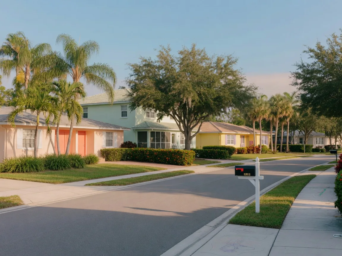 Quiet tree-lined residential street in an established Southwest Florida community with palm trees, sidewalks, and curb mailboxes under soft morning light