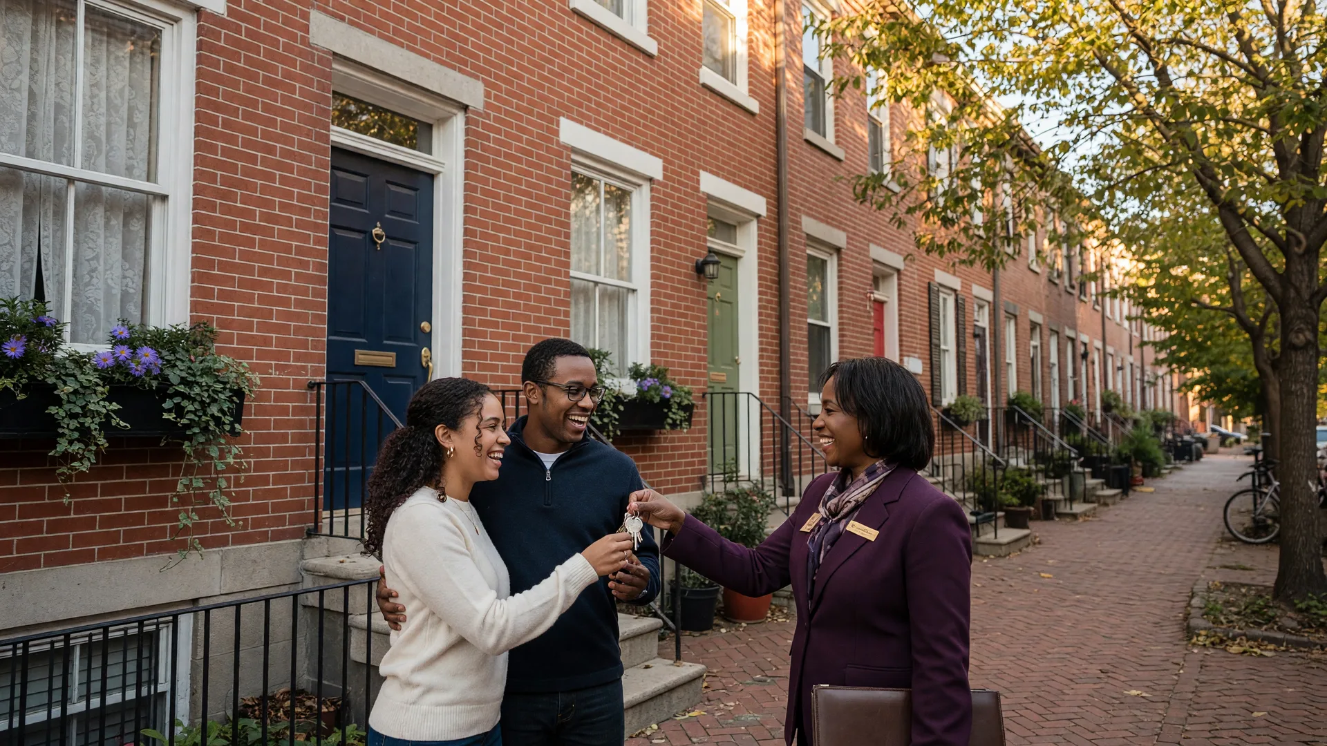 Real estate agent handing house keys to a smiling couple in front of a Philadelphia rowhome