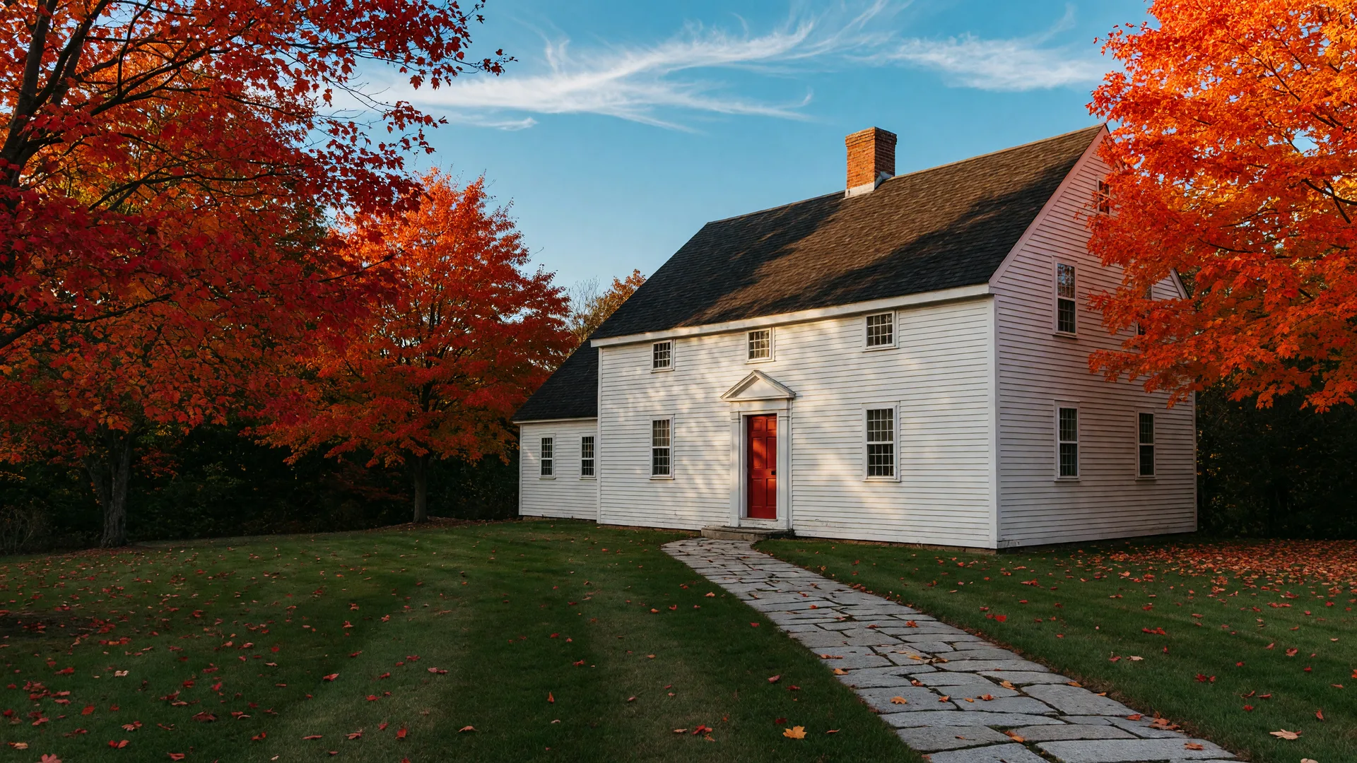 A white New England home with a stone walkway and red and orange fall leaves on a sunny October afternoon on the North Shore