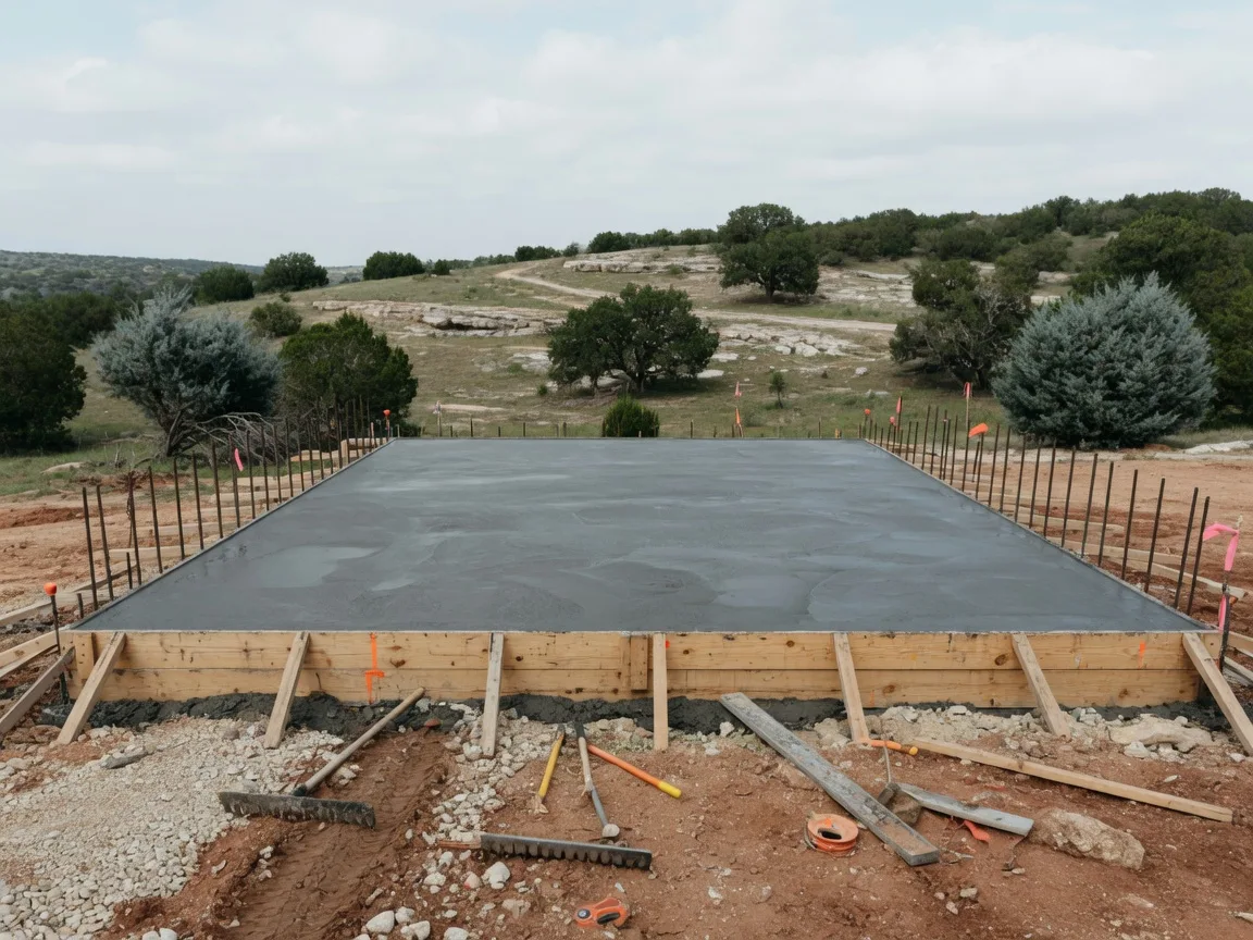 Freshly poured concrete foundation with formwork and rebar on a Texas Hill Country building site