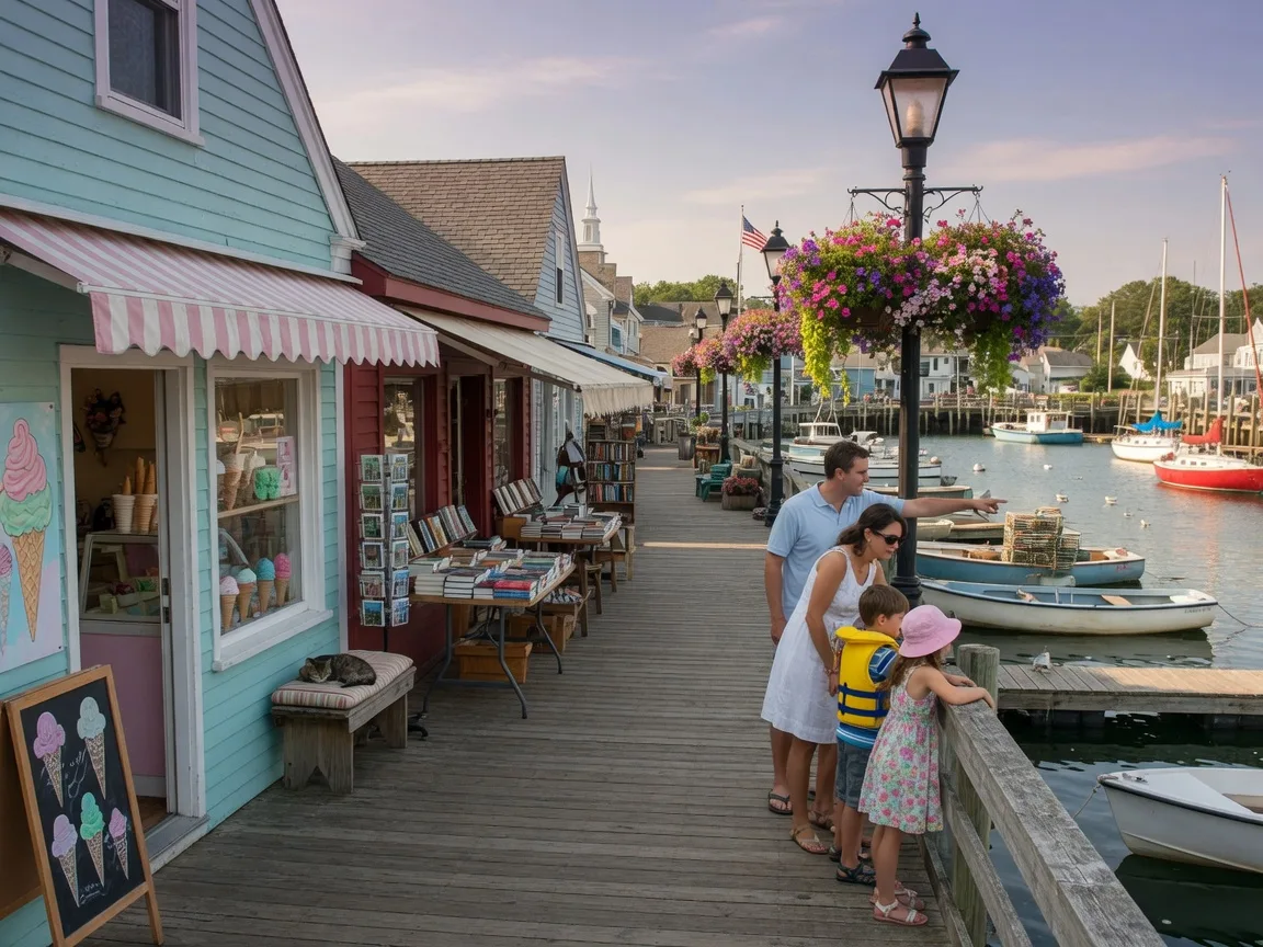 A charming waterfront boardwalk in Sidney or Brentwood Bay with shopfronts and a marina