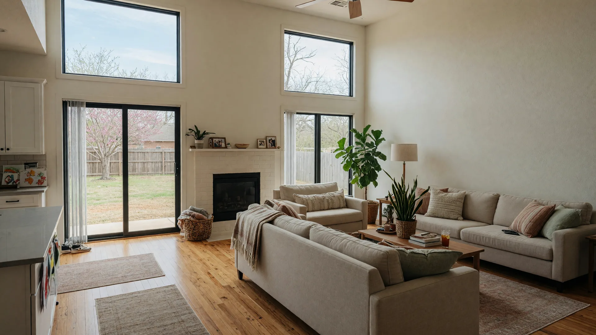 Bright open-concept living room in a modern Oklahoma family home with large windows and warm wood floors