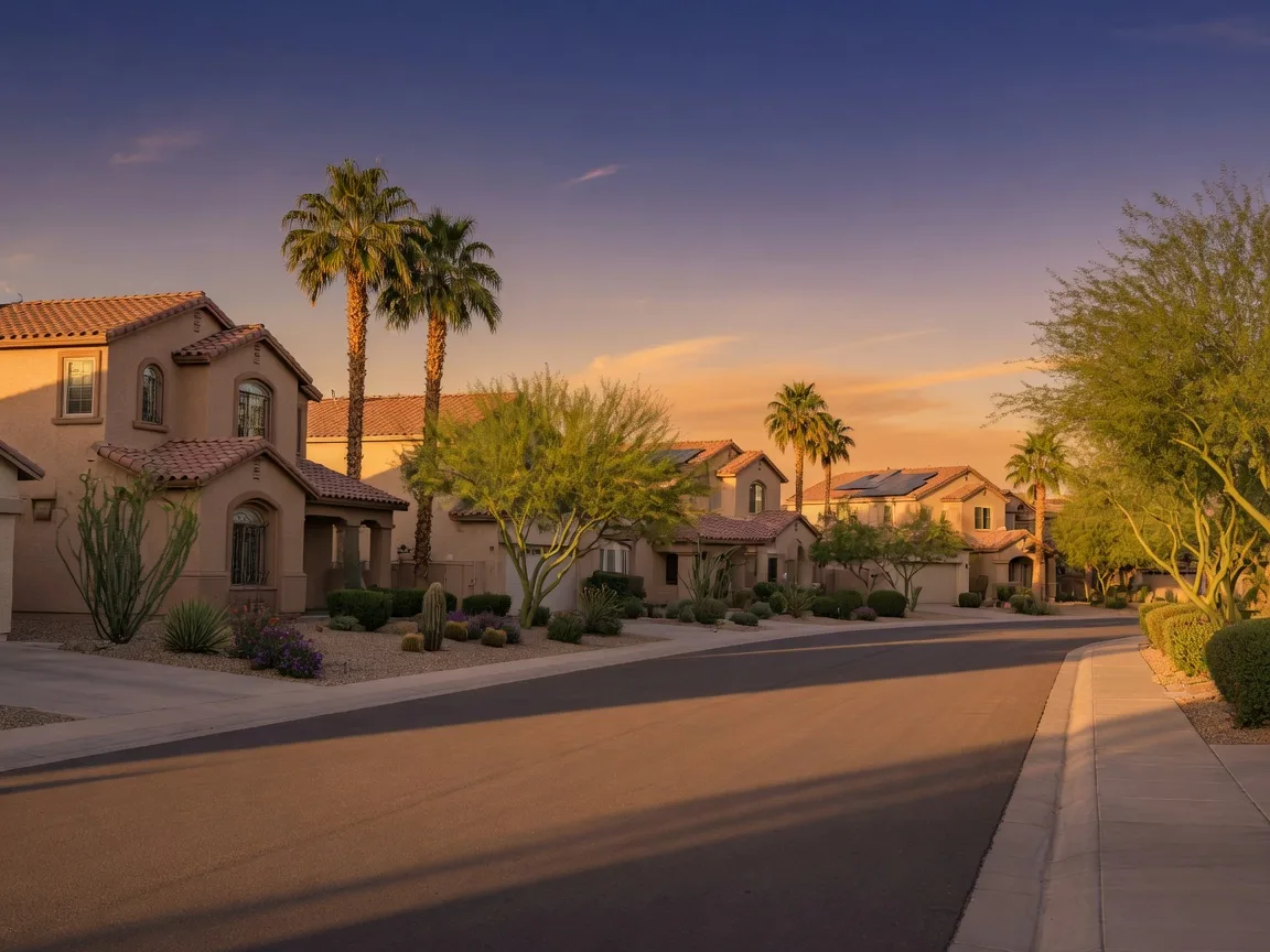 Single-family stucco homes with palm trees along a quiet street in Chandler at golden hour