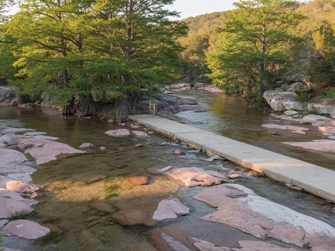 Clear shallow water of the Llano River flowing over pink granite and limestone bedrock, with bald cypress trees along the banks in late-afternoon light