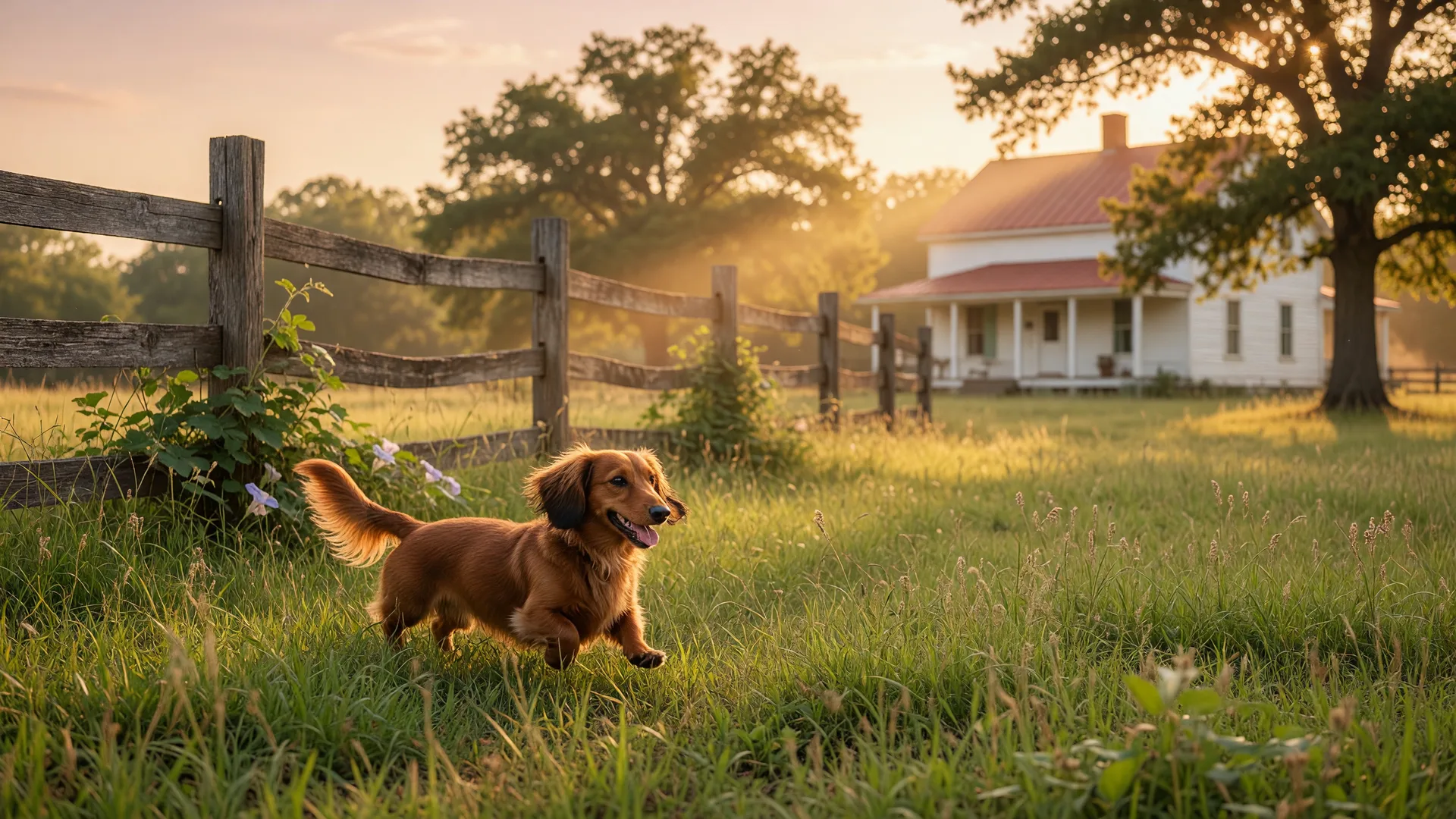 A long-haired dachshund running through a lush green field in rural Northeast Texas at golden hour with a farmhouse and oak trees in the background