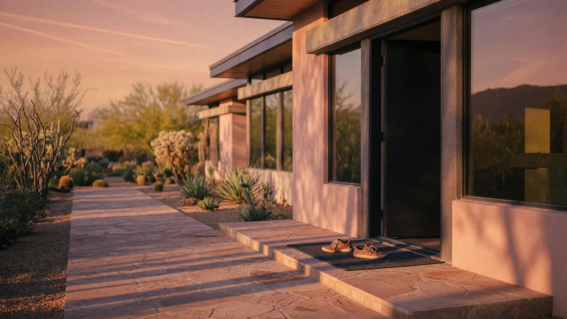 Modern desert home in North Phoenix at golden hour, stone pathway leading to the front door, warm amber light, reflective and contemplative mood