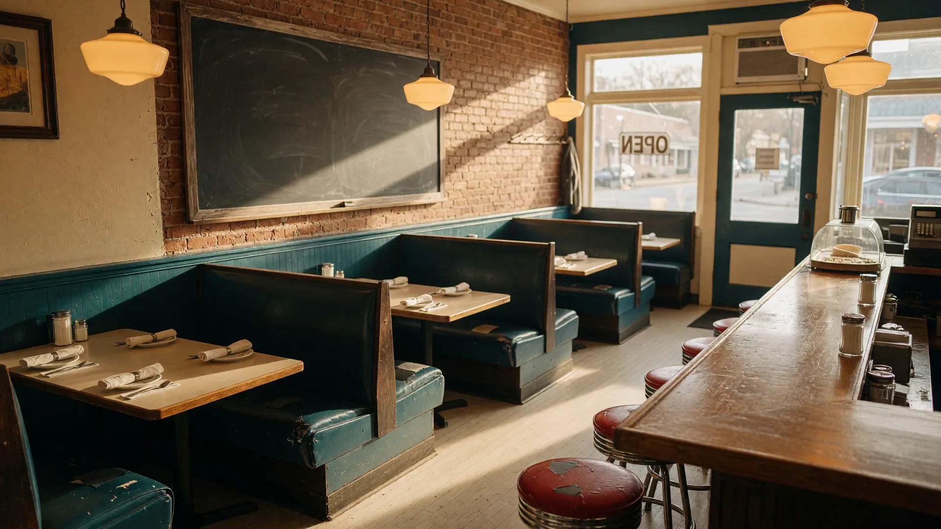 Warm interior of Libby's of Lexington, a family-owned Main Street restaurant with dark wood booths, a long lunch counter, and amber pendant lights