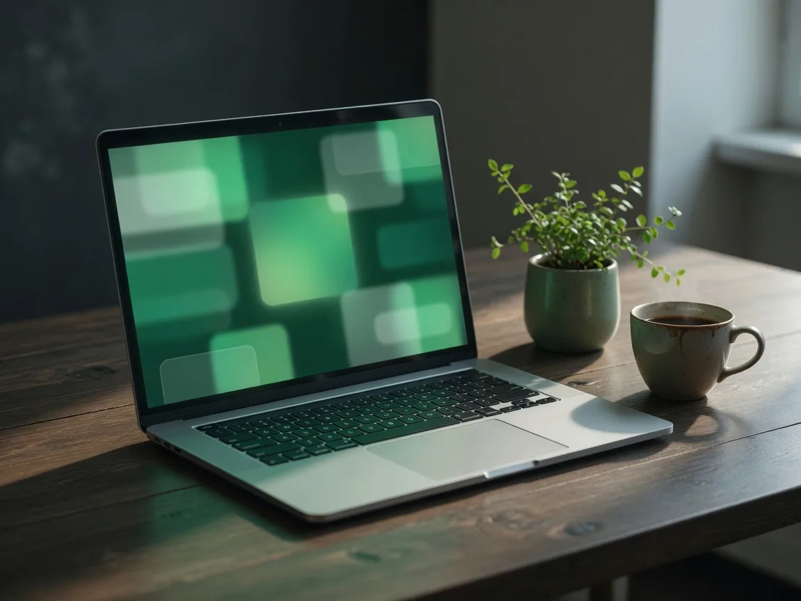 A laptop on a dark desk with a glowing green website layout on screen, representing an AI-ready website