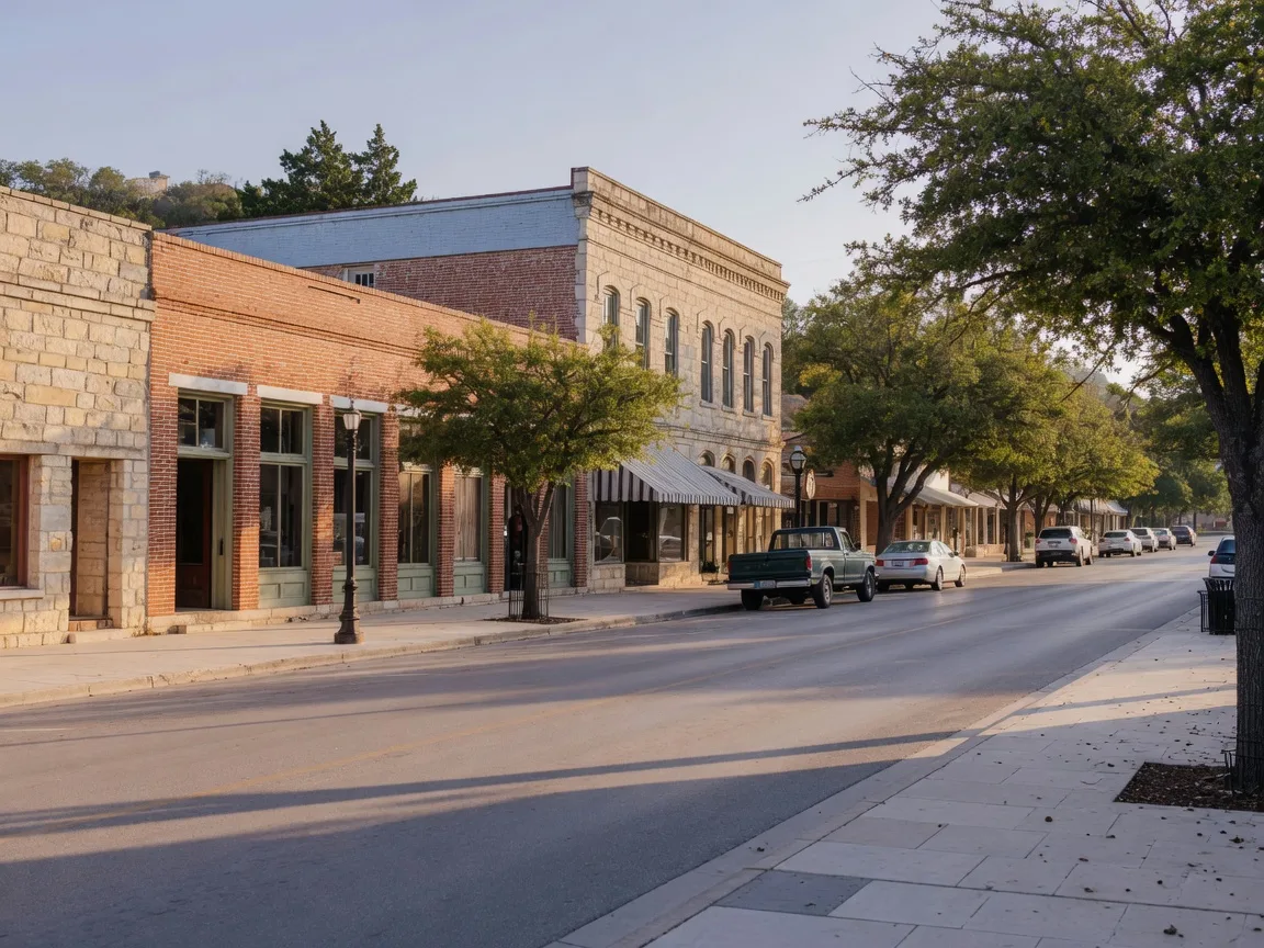 A calm weekday morning on historic Main Street in Boerne, Texas, with limestone storefronts, a tree-lined sidewalk, and warm low sunlight