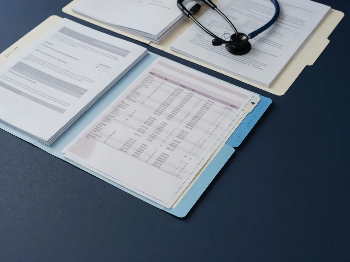 Clinical medical records and diagnostic reports with a stethoscope on a deep navy desk