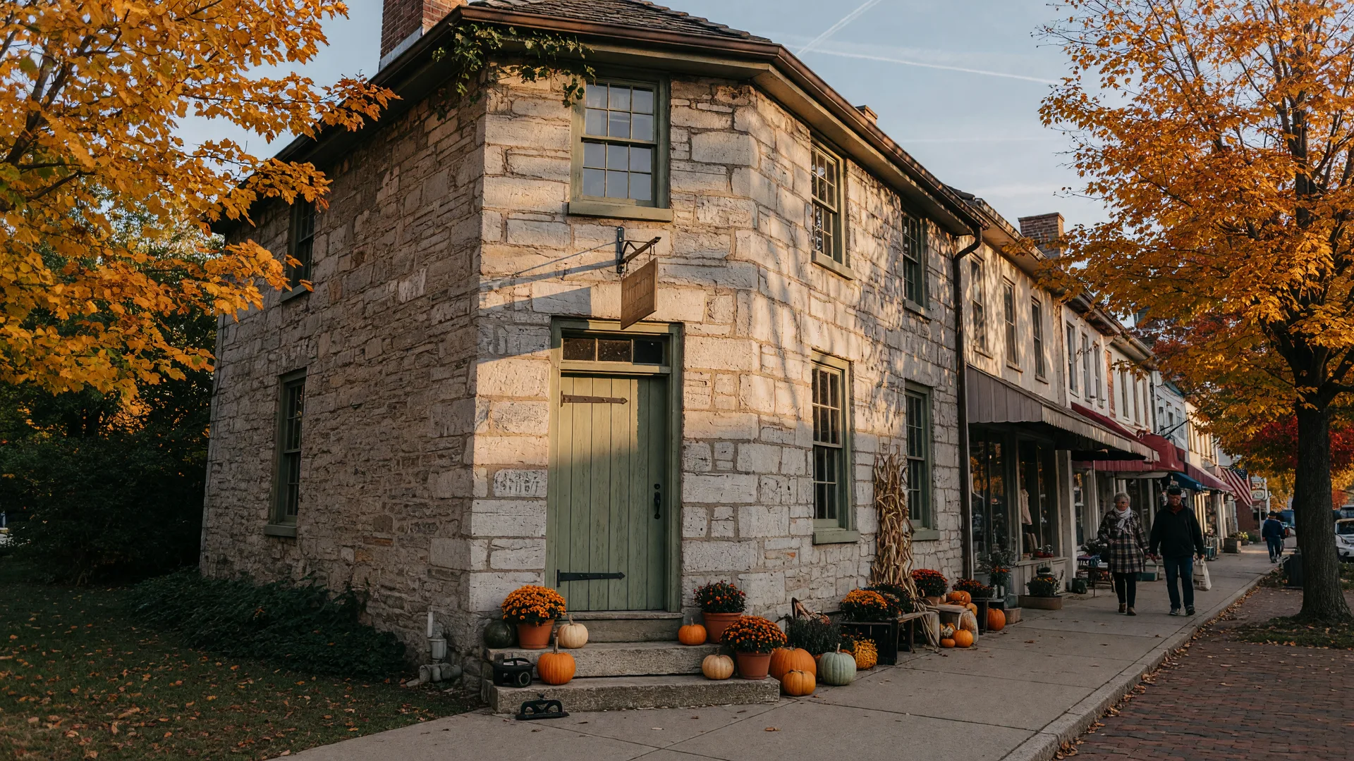 Historic 18th-century stone storefront on a Pennsylvania Main Street in autumn, with fall foliage and a wooden shop door