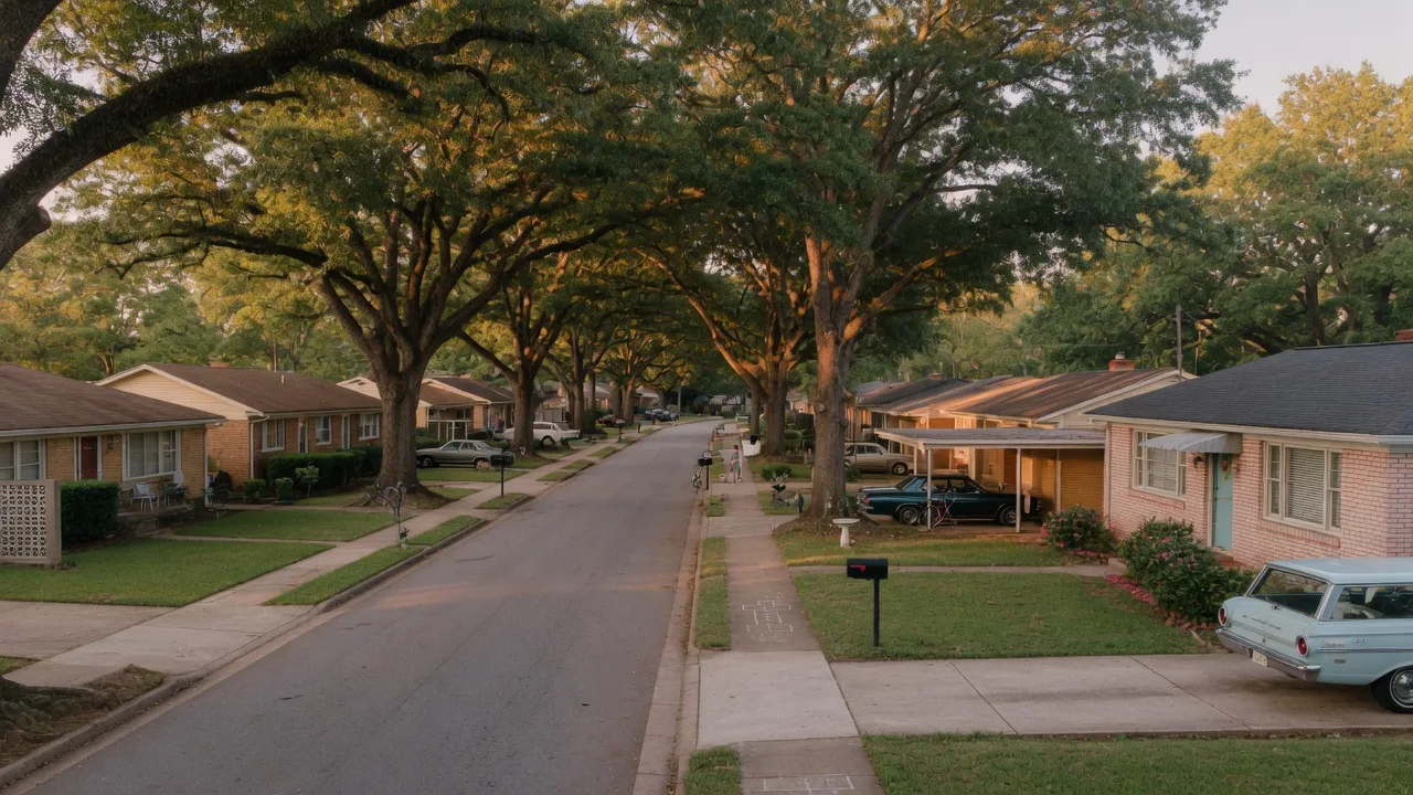 Tree-lined street of mid-century brick ranch homes in Toco Hills, Atlanta