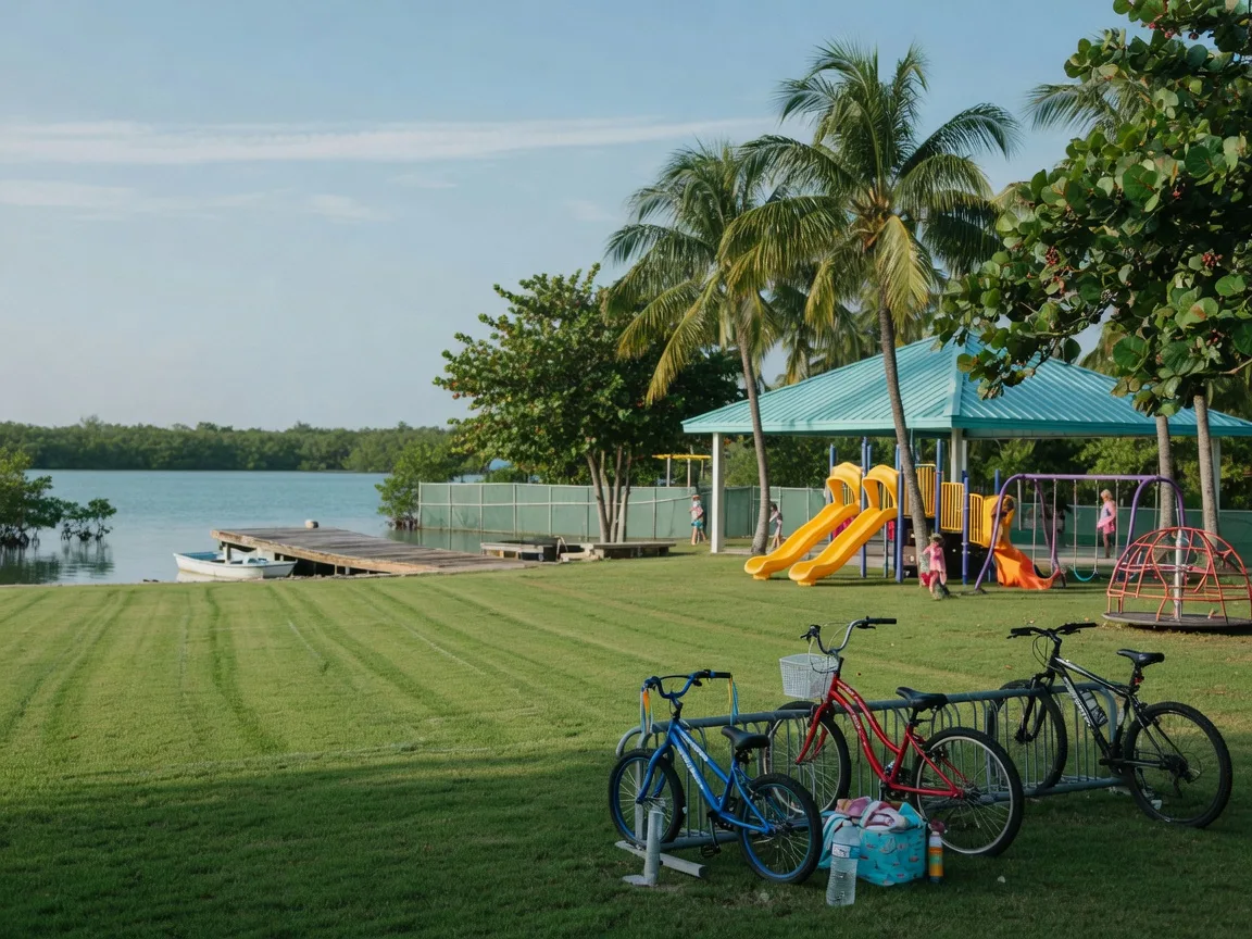 A bright tropical community park in the Florida Keys on a sunny morning, green playing fields, a shaded playground with slides and swings under palms and sea grapes, and a lagoon with a small boat ramp visible beyond the grass
