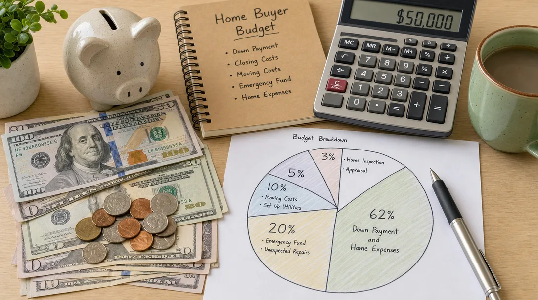 Home buyer budget planning scene with currency, piggy bank, calculator, and down payment percentage chart
