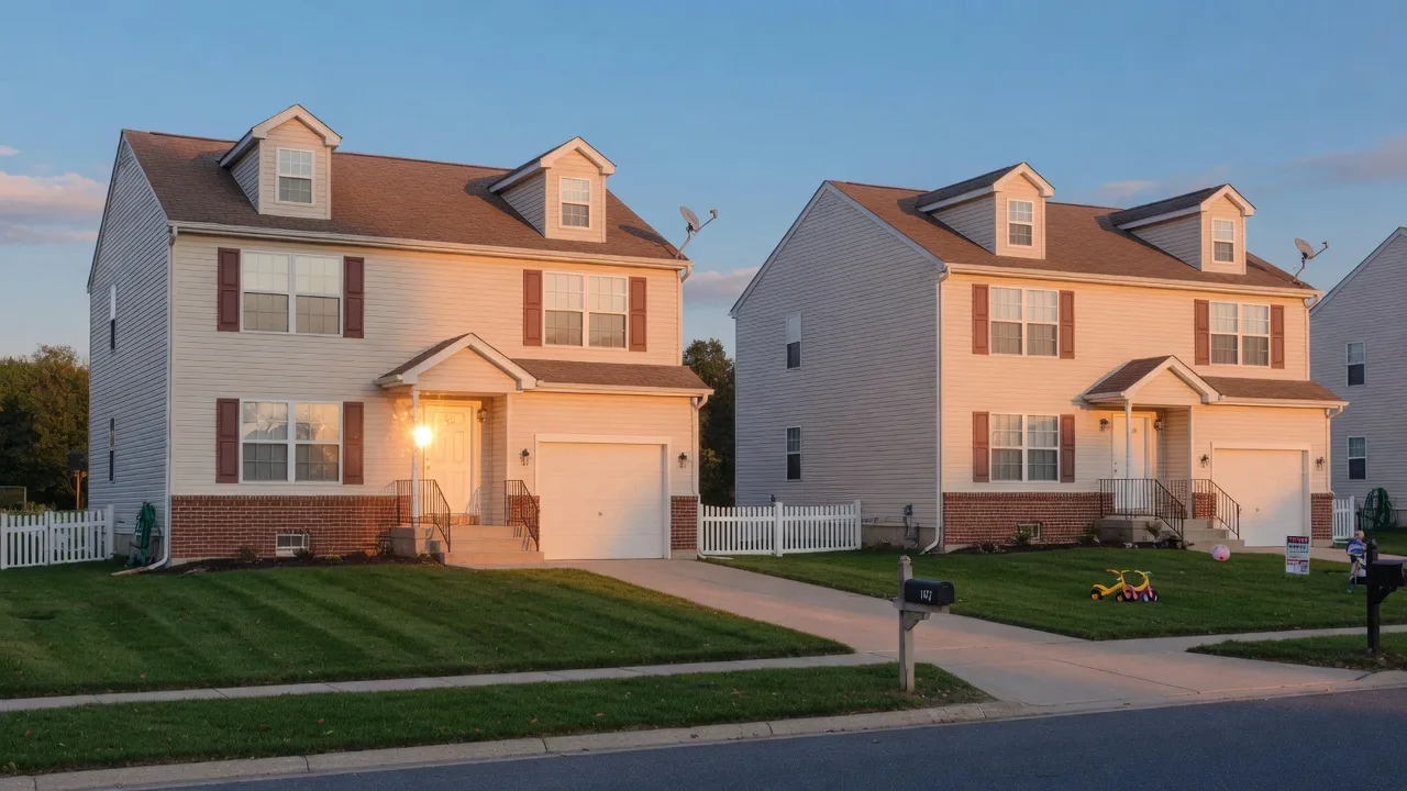 Two nearly identical suburban houses at golden hour with one showing a subtle golden glow