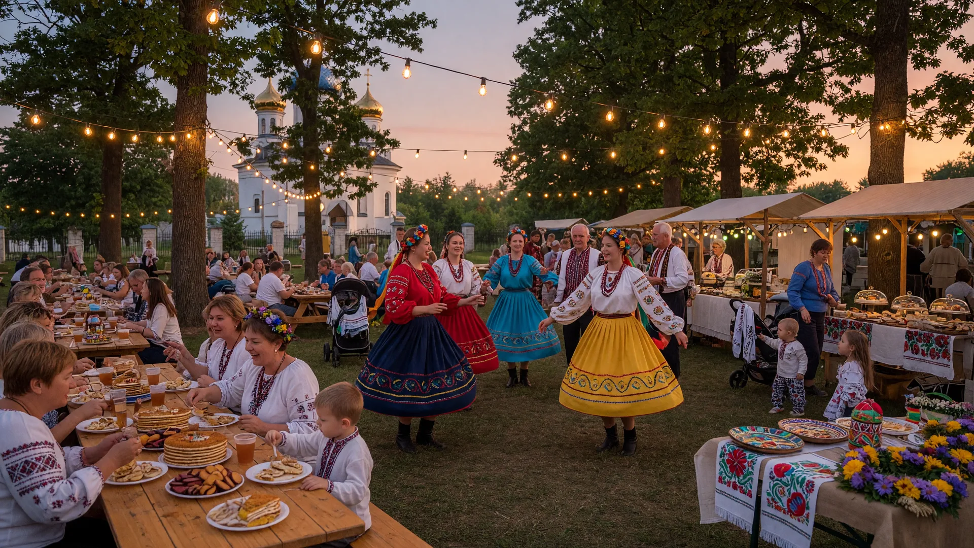 Festive Ukrainian church picnic grove with folk dancers in embroidered dress, food and craft booths, families at picnic tables, and string lights at golden hour