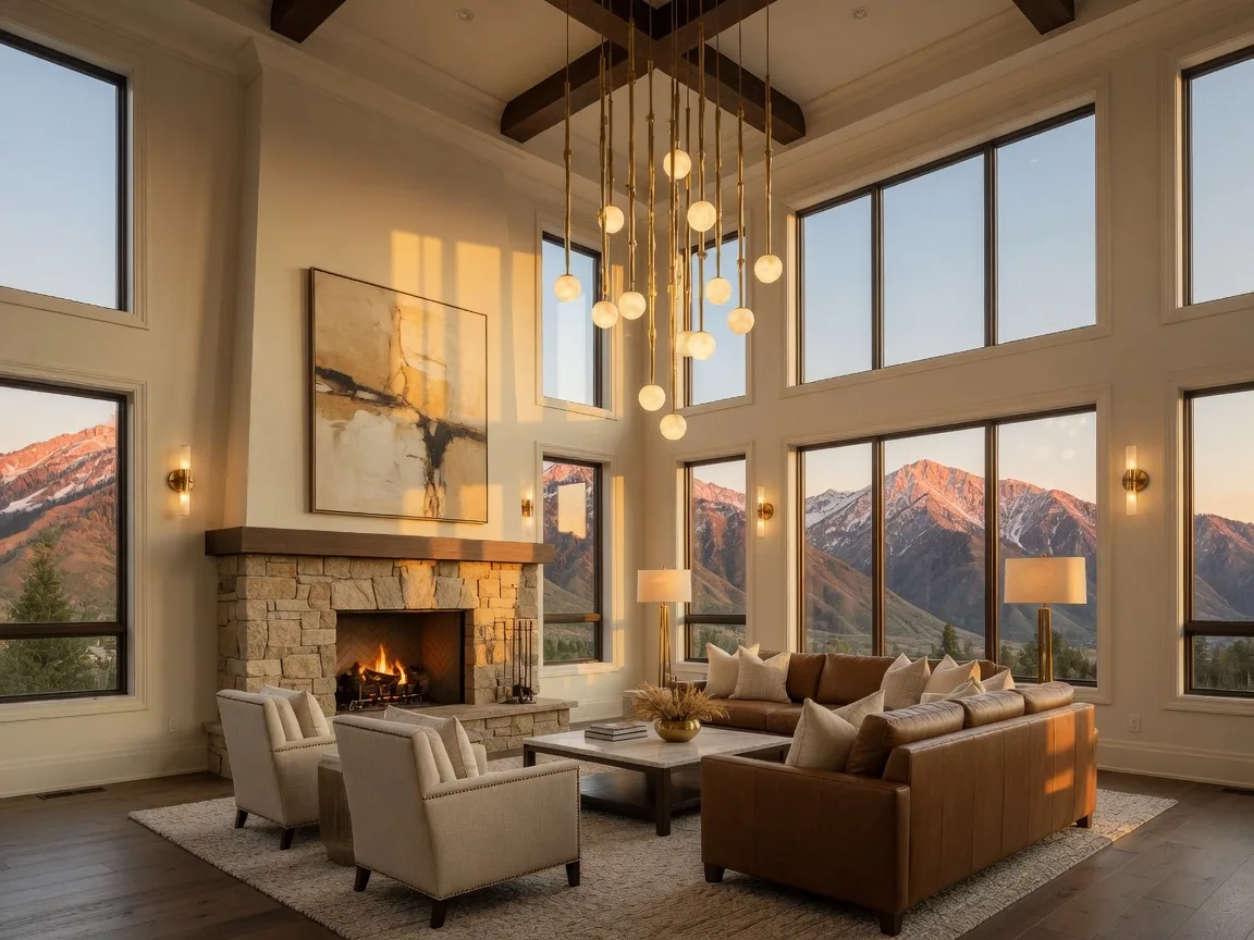 Luxury great room with floor-to-ceiling windows framing Wasatch mountain views at golden hour