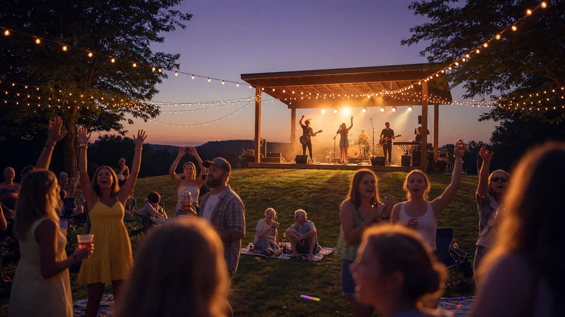 A crowd on the lawn facing a warmly lit open-air band stage at an evening outdoor concert