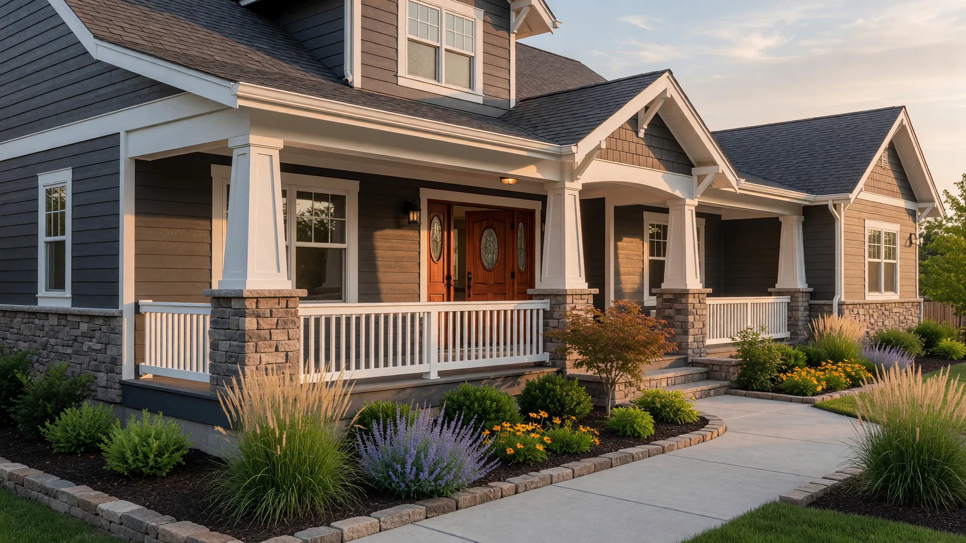 Brand-new craftsman-style quick move-in home with stone-accented porch and lush landscaping
