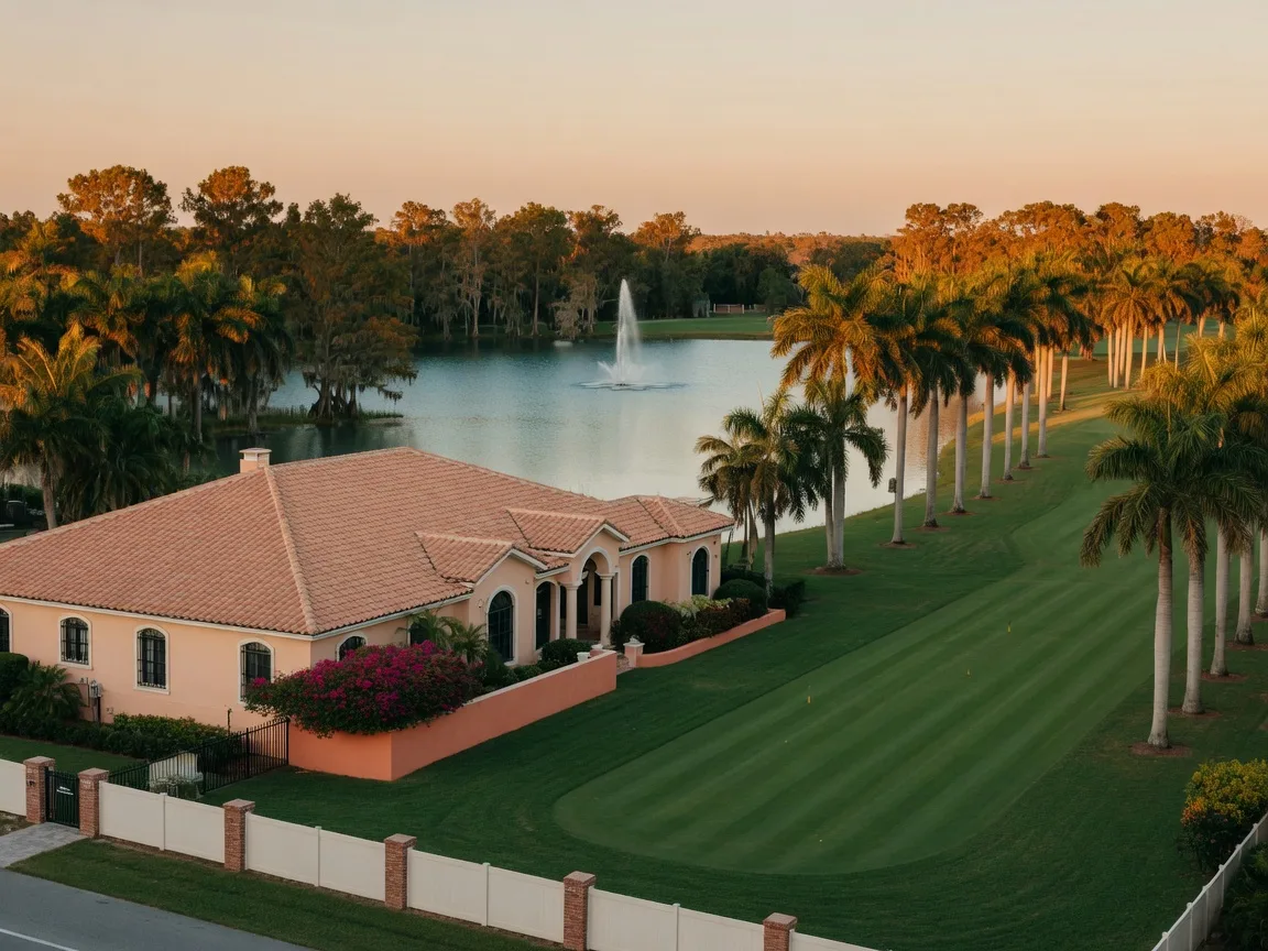 Mediterranean-style home with a barrel-tile roof beside an emerald golf fairway in a gated Bonita Springs, Florida community, with royal palms and a lake with a fountain