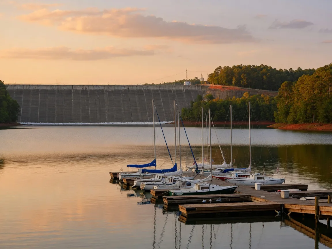 Sailboats moored near a wooden dock on the south end of Lake Lanier with the long face of Buford Dam in the middle distance at golden hour