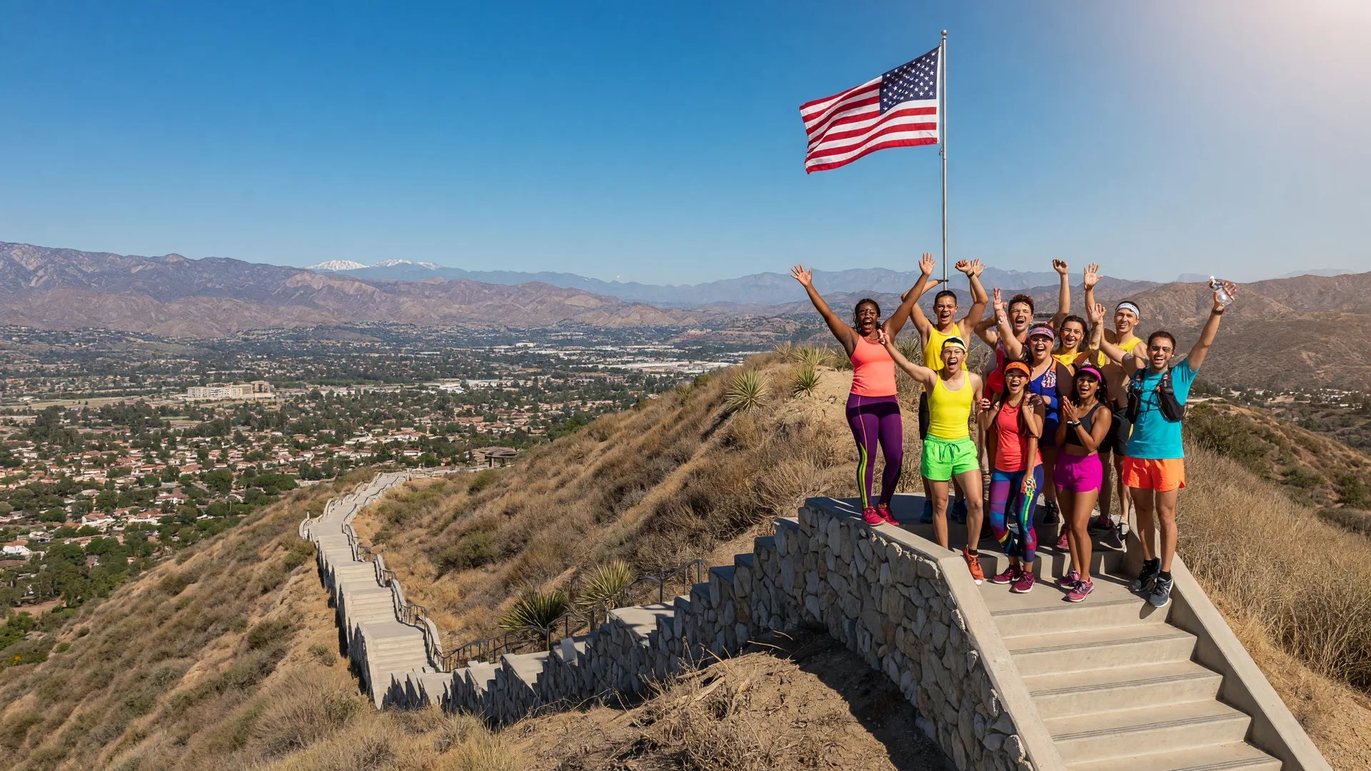 Group of hikers and fitness enthusiasts celebrating at the summit of the SCV Stairs in Santa Clarita with an American flag.