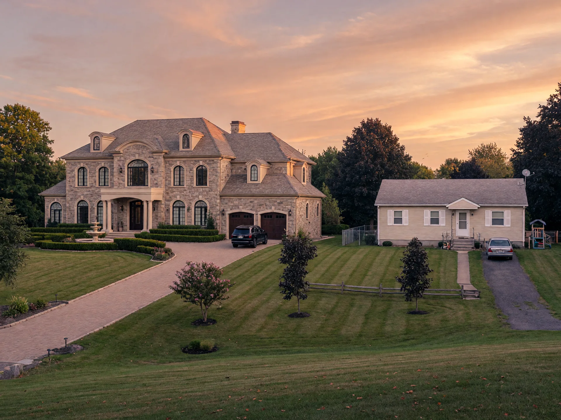 A grand luxury estate on one side and a modest starter home on the other, illustrating the two diverging tracks of the K-shaped housing market