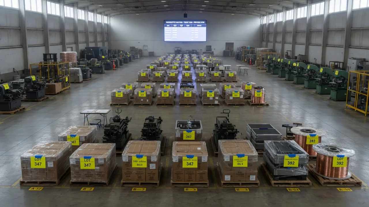 Industrial warehouse in Ohio staged for a bankruptcy asset auction with machinery and palletized inventory carrying numbered lot tags for competitive bidding