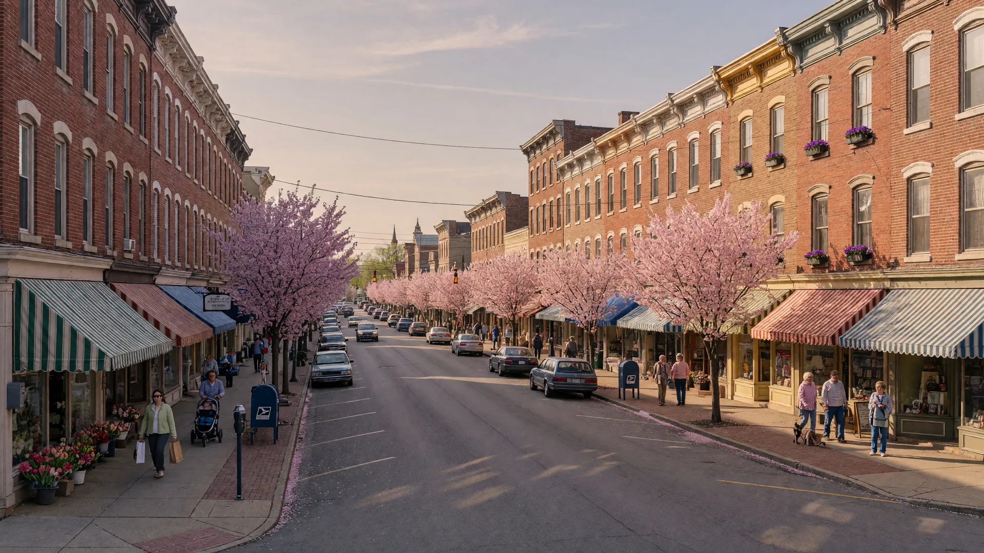 Historic storefronts along York Road in Hatboro, Pennsylvania with shoppers strolling on a spring afternoon