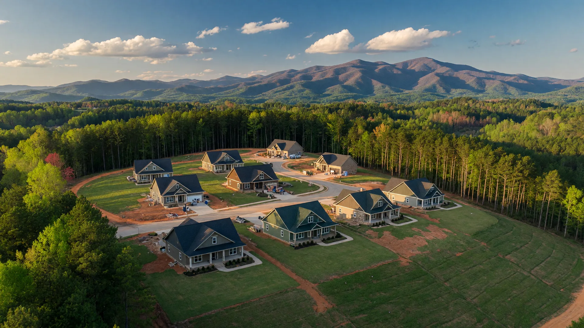 Aerial drone view of new craftsman construction homes nestled in the rolling green Appalachian foothills near Monte Sano mountain south of Huntsville, with dense tree canopy and mountain terrain in the background