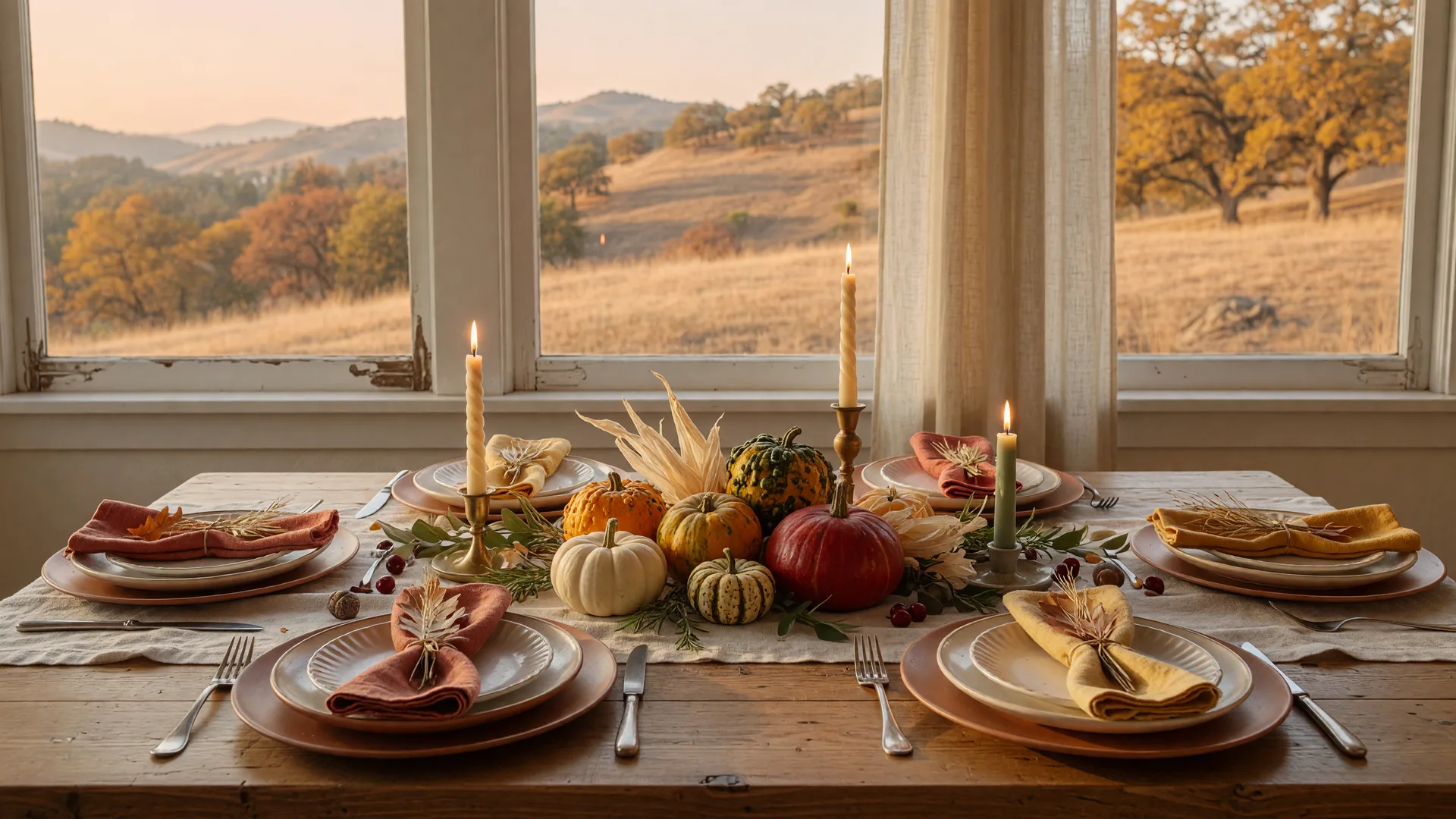 A Thanksgiving table set for a family meal in soft morning light with a pumpkin and candle centerpiece and a golden California hillside through the window