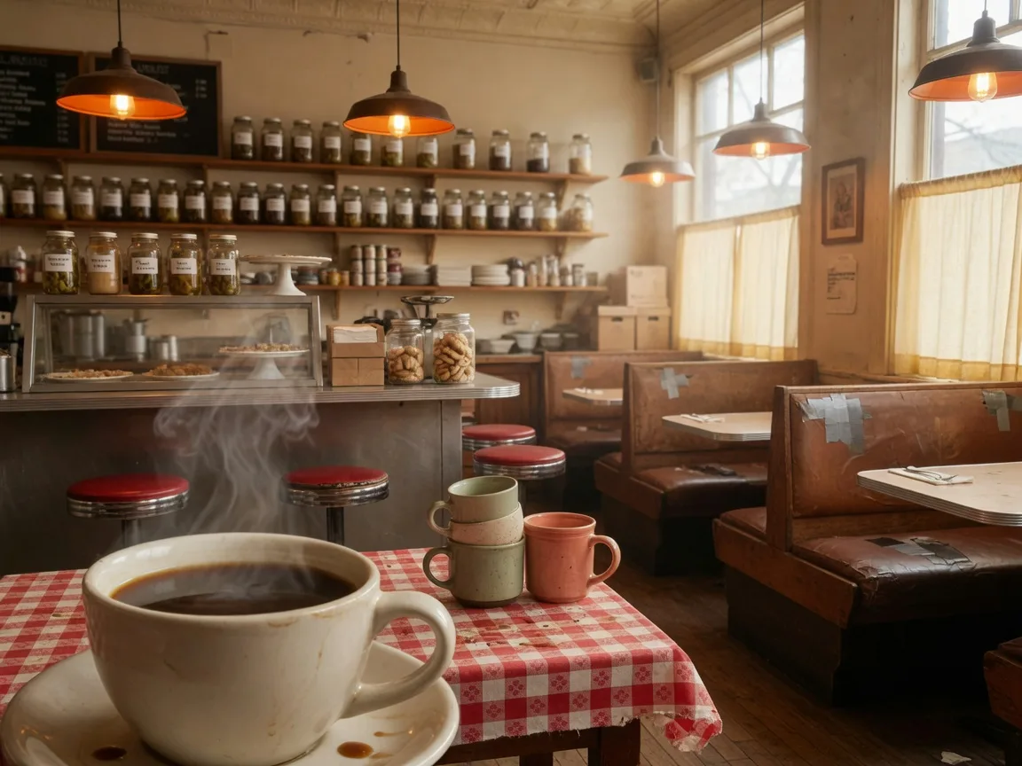 Warm interior of a cozy neighborhood breakfast deli cafe with wooden booths, a counter with stools, and large morning-lit windows